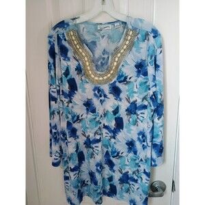 Susan Graver Jeweled Top Womens Large Blue Floral Elegant